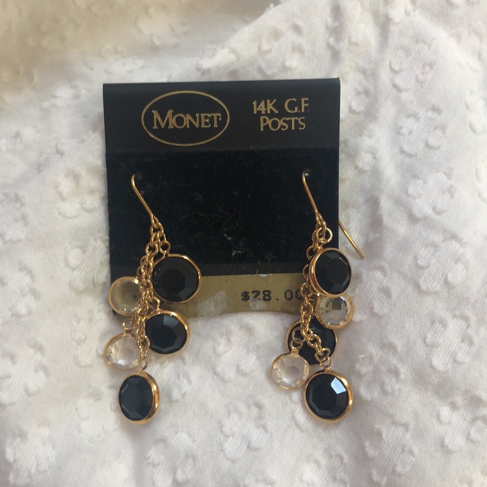 Vintage Monet Black and Gold Pierced Earrings